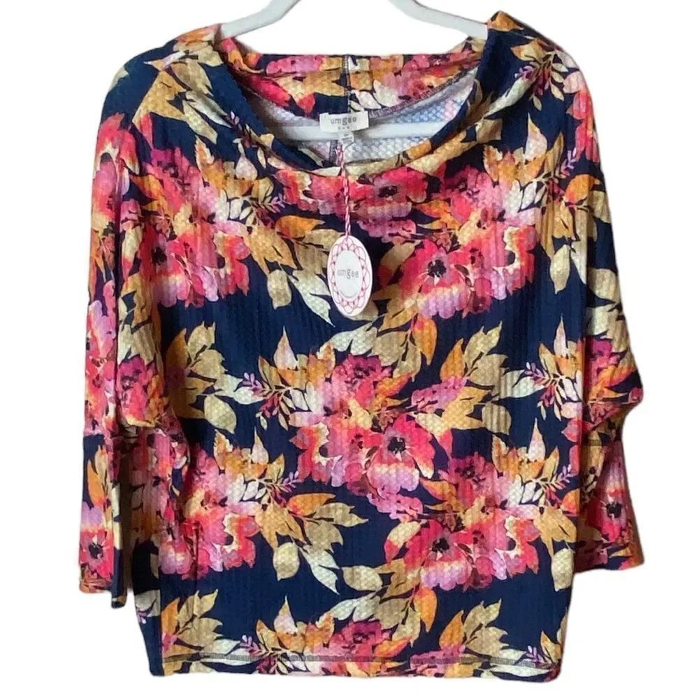 Umgee Sz Med Vibrant Floral Cowl Neck Dolman Sleeves Stretch Thermal Knit Top